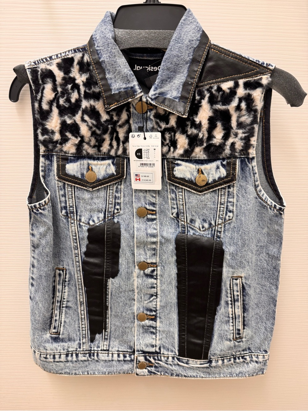 Desigual Denim Vest with Black Faux Leather & Leopard Fur Accents